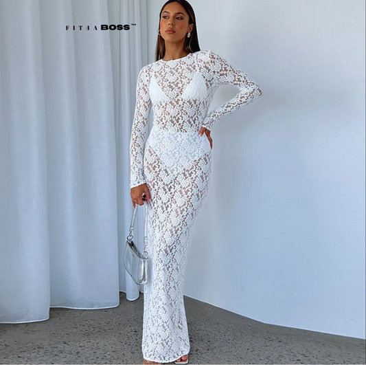 Round Neck Lace Long Sleeved Dress  Fit4ABoss™